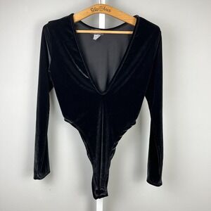 Vintage 90s INC Black Velour Bodysuit Womens M Deep V-Neck Long Sleeve Goth Glam